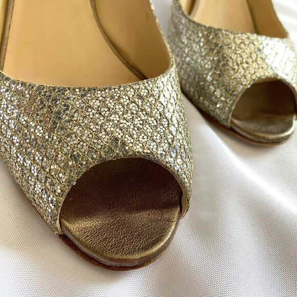JIMMY CHOO ISABEL GOLD GLITTER PEEP TOE HEEL SHOE - 8,5 - Picture 7 of 9